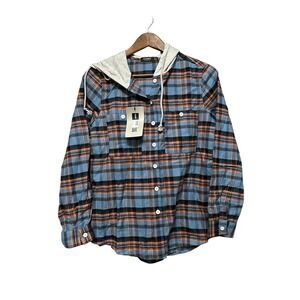CQR Hooded Flannel Shirt Jacket Women's Small Plaid Button Up Long‎ Sleeve